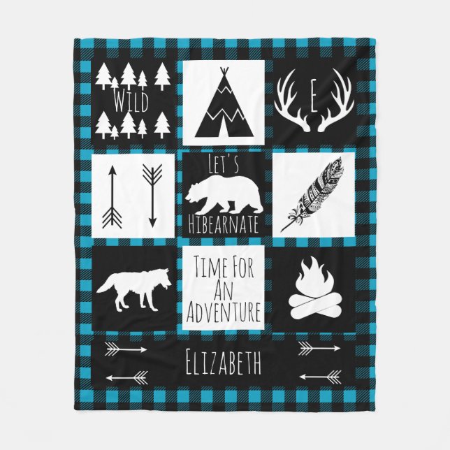 Rustic Adventure Tribal Wild Woodlands Blue Plaid Fleece Blanket (Front)