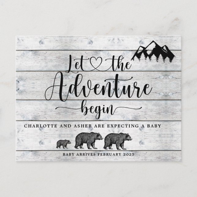 Rustic Adventure Woodland Bears Wood Pregnancy Announcement Postcard (Front)