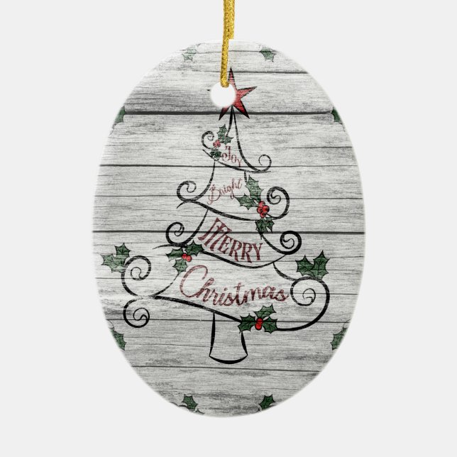 Rustic Aged Barn Wood Christmas Tree Holly Ceramic Tree Decoration (Front)