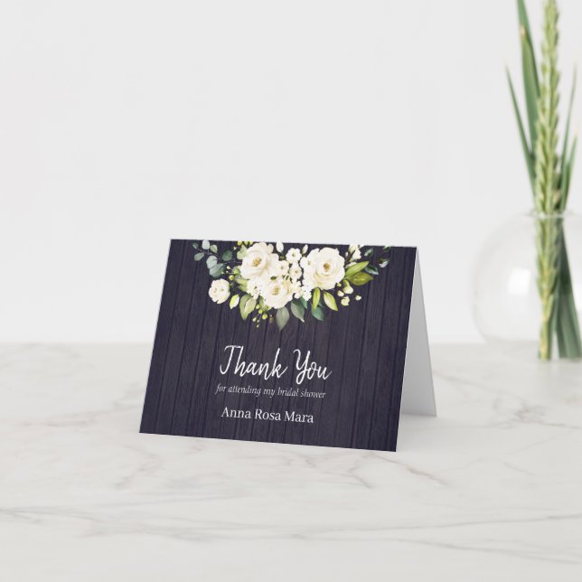 *~* Rustic Aged Wood White Rose Bridal Shower Thank You Card (Front)