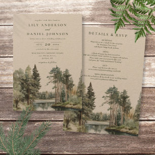 Rustic All In One Watercolor Lake Forest Wedding Invitation