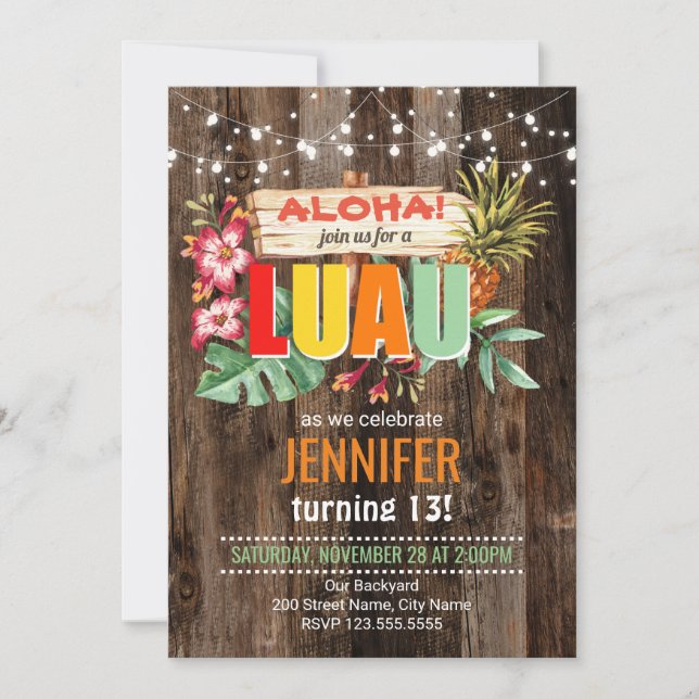 Rustic Aloha Luau birthday party Invitation (Front)