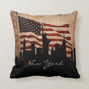 Rustic America Flag New York Skyline Landmark Cushion