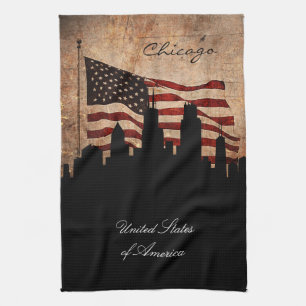 Rustic American Flag Chicago Skyline Tea Towel