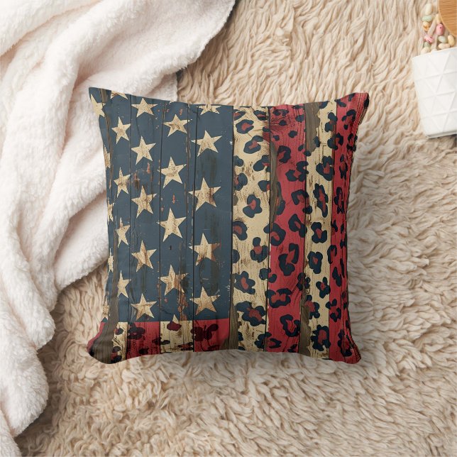 Rustic American Flag Leopard Print (1) Cushion (Blanket)