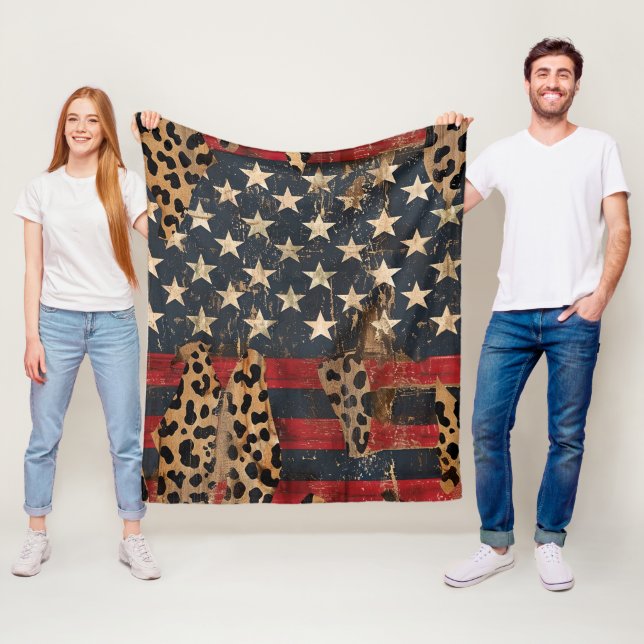 Rustic American Flag Leopard Print (3) Fleece Blanket (In Situ)