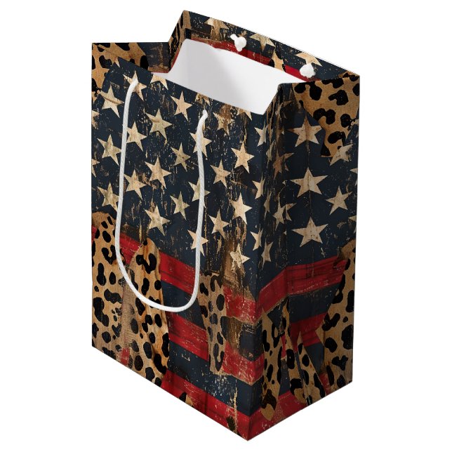 Rustic American Flag Leopard Print (3) Medium Gift Bag (Front Angled)