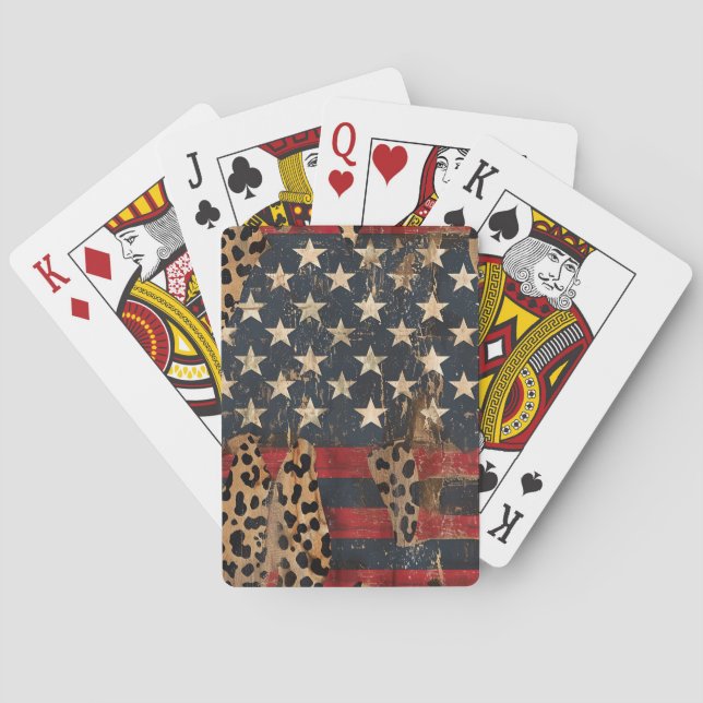 Rustic American Flag Leopard Print (3) Playing Cards (Back)