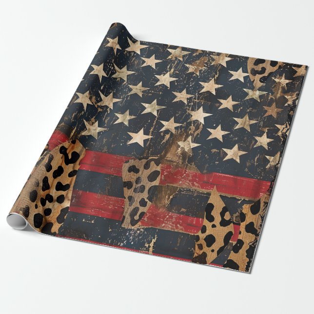 Rustic American Flag Leopard Print (3) Wrapping Paper (Unrolled)
