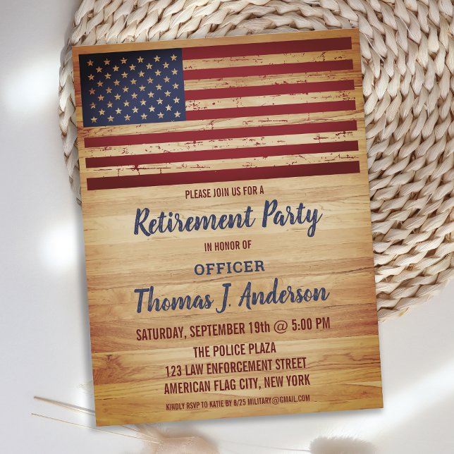 Rustic American Flag Military Police Retirement Invitation Postcard (Creator Uploaded)