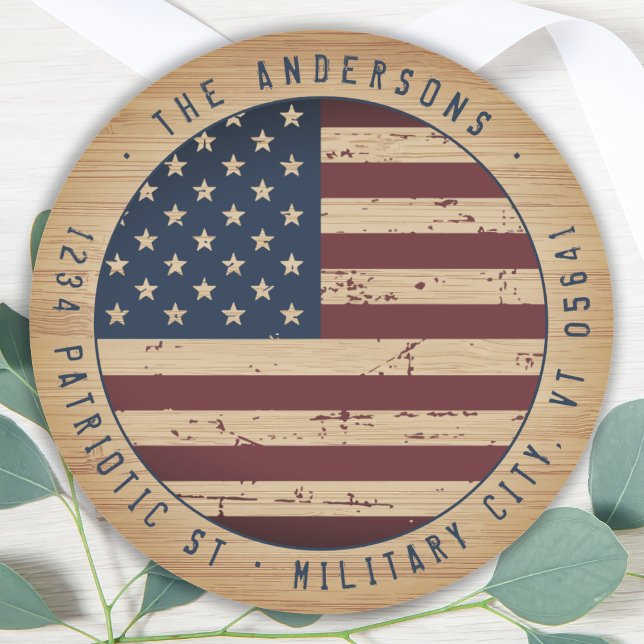 Rustic American Flag Military Return Address Classic Round Sticker (Creator Uploaded)