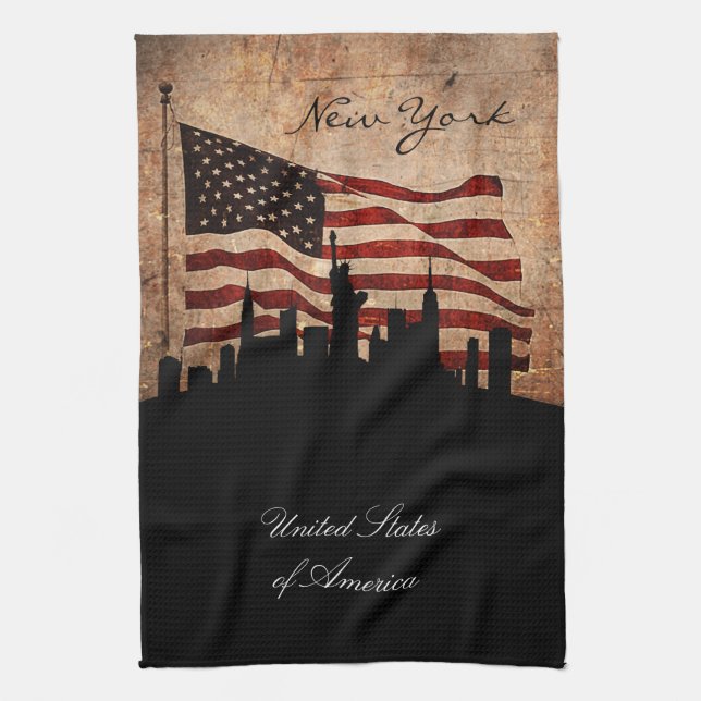 Rustic American Flag new York Skyline Tea Towel (Vertical)