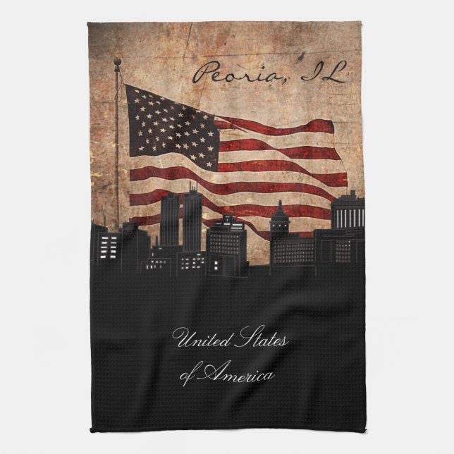 Rustic American Flag Peoria, Illinois Skyline Tea Towel (Vertical)