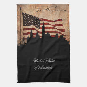 Rustic American Flag San Francisco Skyline Tea Towel