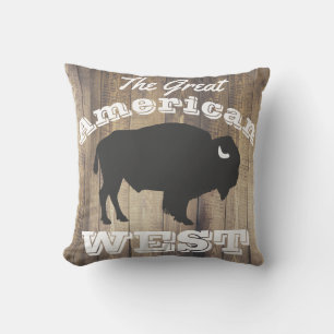 Rustic American West Bison Wood White Laurels Cushion