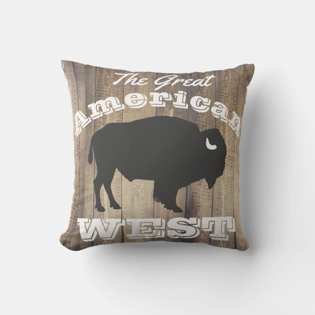 Rustic American West Bison Wood White Laurels Cushion (Front)