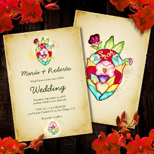 Rustic Anatomical Floral Heart Mexican Wedding Invitation