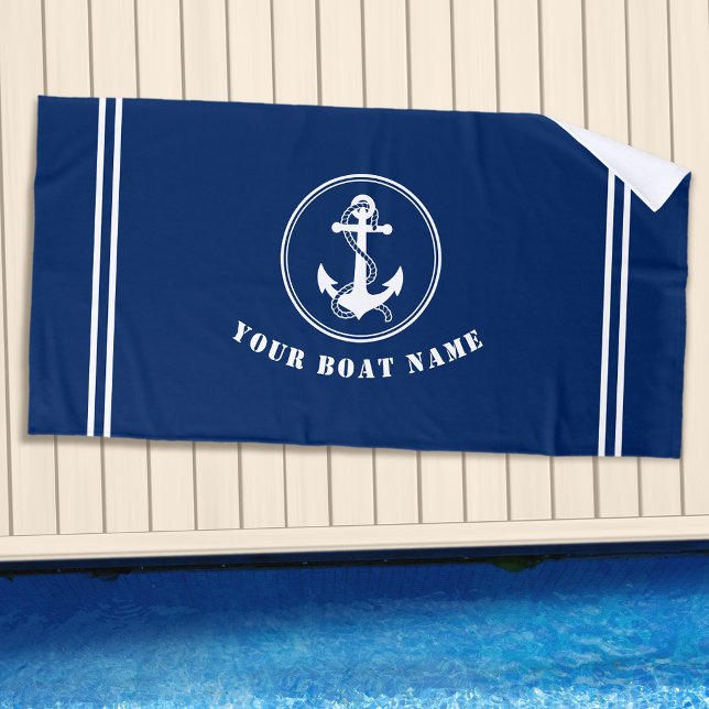 Rustic Anchor and Rope with Boat Name Navy Blue Beach Towel (Creator Uploaded)