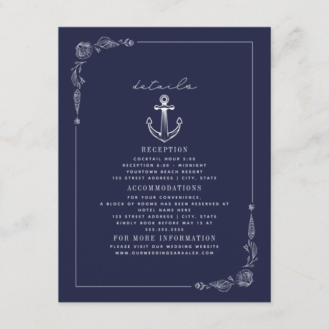 Rustic Anchor Dark Blue Beach Wedding Details Enclosure Card (Front)