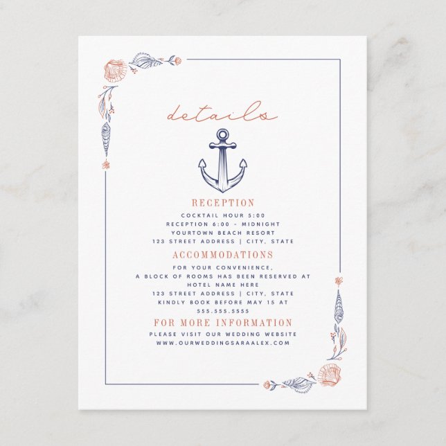 Rustic Anchor Red & Blue Beach Wedding Details Enclosure Card (Front)