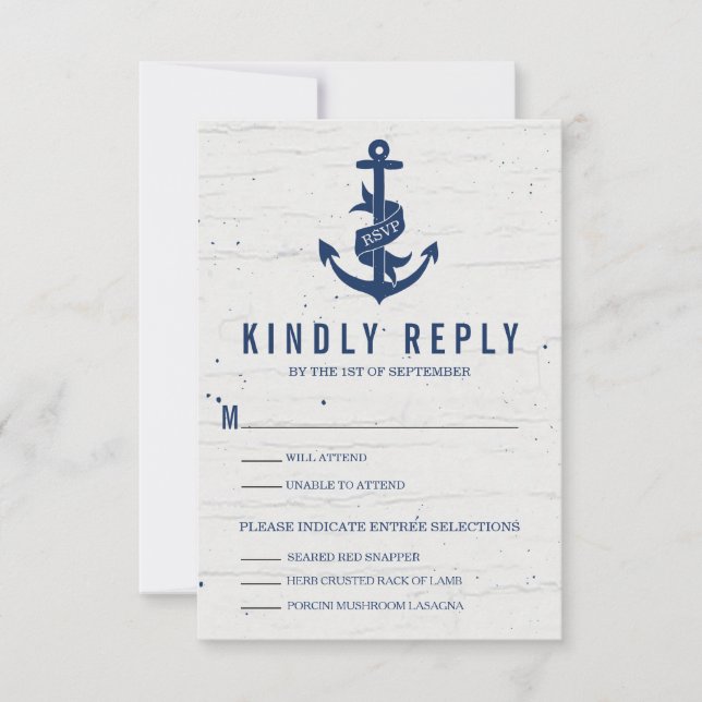 Rustic Anchor Wedding RSVP Card / Navy (Front)
