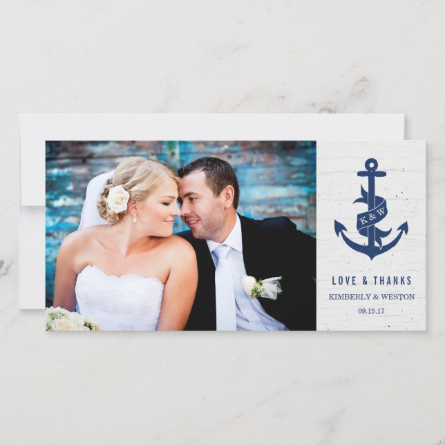 Rustic Anchor Wedding Thank You Photo Card / Navy (Front)