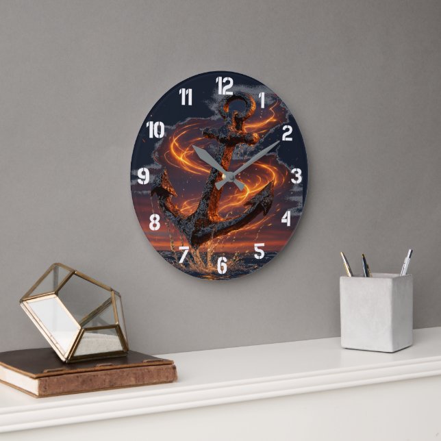 Rustic Anchor with Fire Light – Nautical Sea Lover Large Clock (Office)