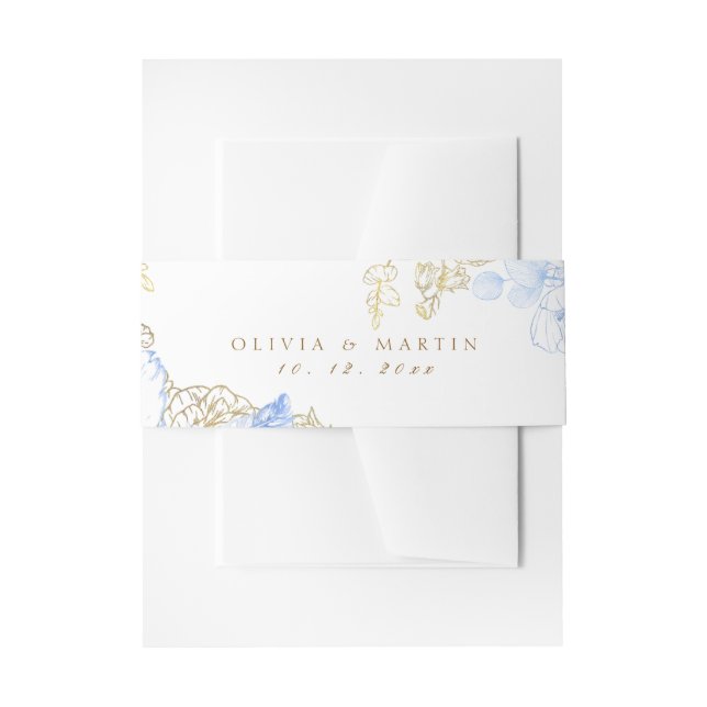 Rustic and elegant Floral dusty blue gold Wedding  Invitation Belly Band (Front Example)