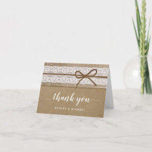 Rustic and Elegant Lace Burlap Script Thank You Card