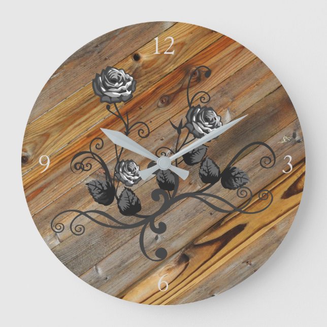 Rustic and Elegant Wood And Roses Large Clock (Front)