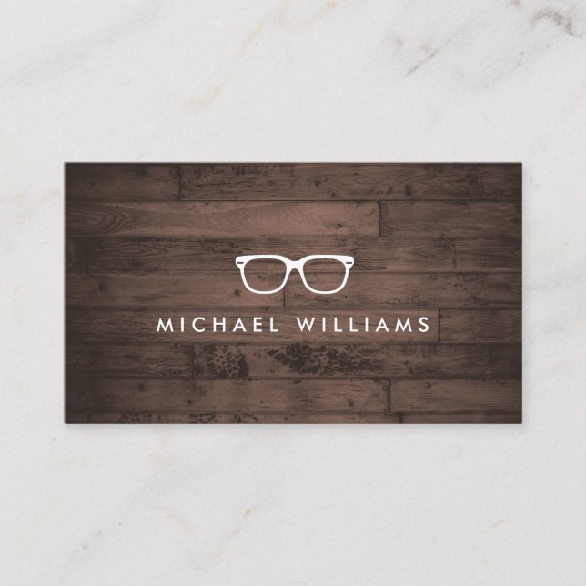 Rustic and Refined Eyeglasses Logo Brown Wood Business Card (Front)