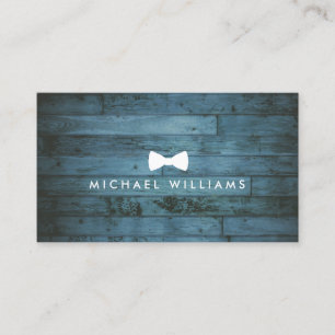 Rustic and Refined Men's Bow Tie Logo Blue Wood Business Card