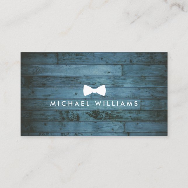 Rustic and Refined Men's Bow Tie Logo Blue Wood Business Card (Front)