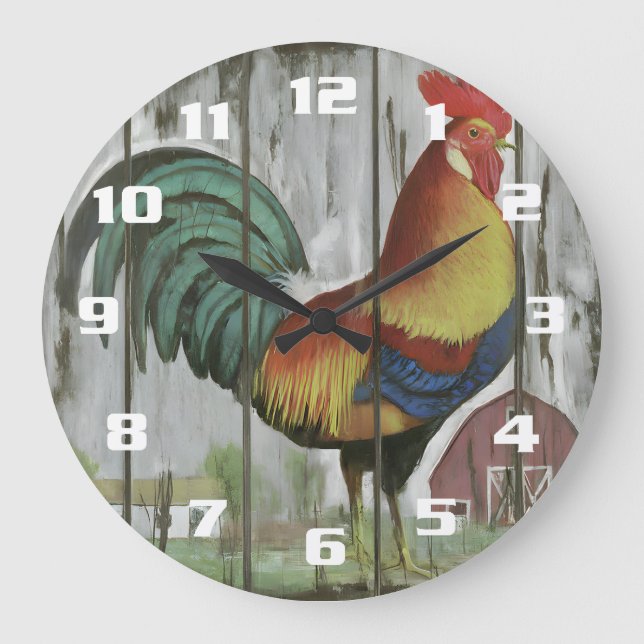 Rustic and Vintage Country Rooster Kitchen Large Clock (Front)