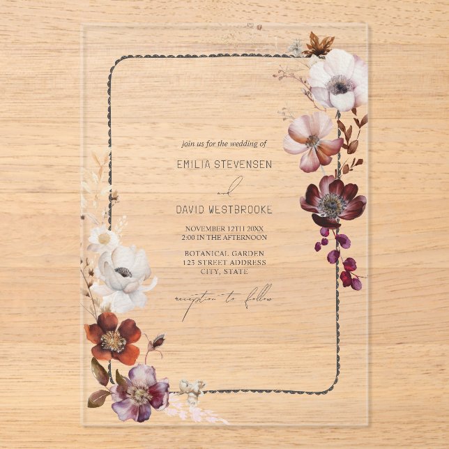 Rustic Anemone Floral Scalloped Hand Drawn Border Acrylic Invitations (Front)