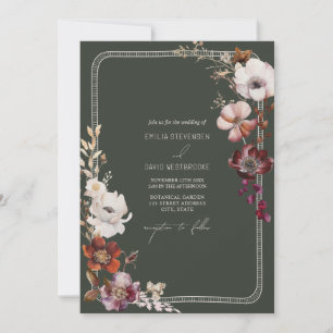 Rustic Anemone Hand Drawn Border Green Wedding Invitation