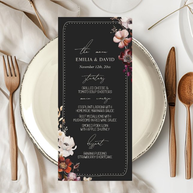 Rustic Anemone Hand Drawn Border Grey Wedding Menu (Creator Uploaded)