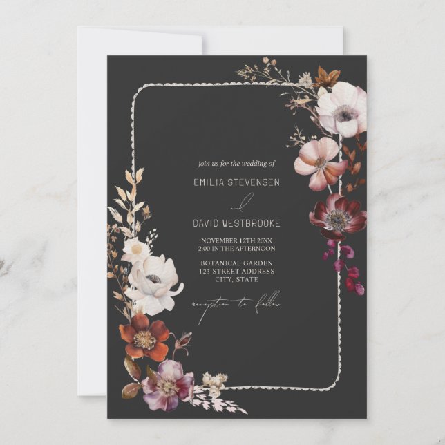Rustic Anemone Hand Drawn Scalloped Floral Wedding Invitation (Front)