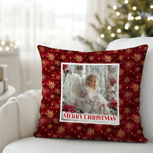 Rustic Angel Poinsettia Red Gold Custom Christmas  Cushion