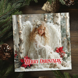 Rustic angelic angel red gold festive beautiful  holiday card