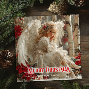 Rustic angelic angel red gold festive radiation  holiday card