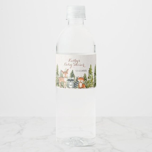 Rustic Animals Wood White Floral Baby Shower Water Bottle Label (Front)