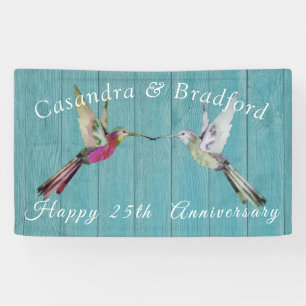 Rustic Anniversary Hummingbird Teal Blue Wood Banner