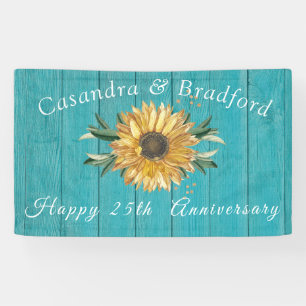 Rustic Anniversay  Sunflower Teal Blue Wood Banner
