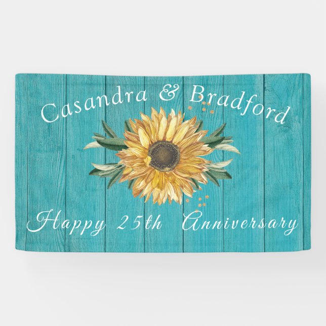Rustic Anniversay| Sunflower Teal Blue Wood Banner (Horizontal)