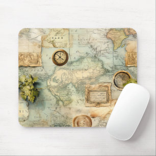 Rustic antique clocks and world map Cartography Mouse Mat