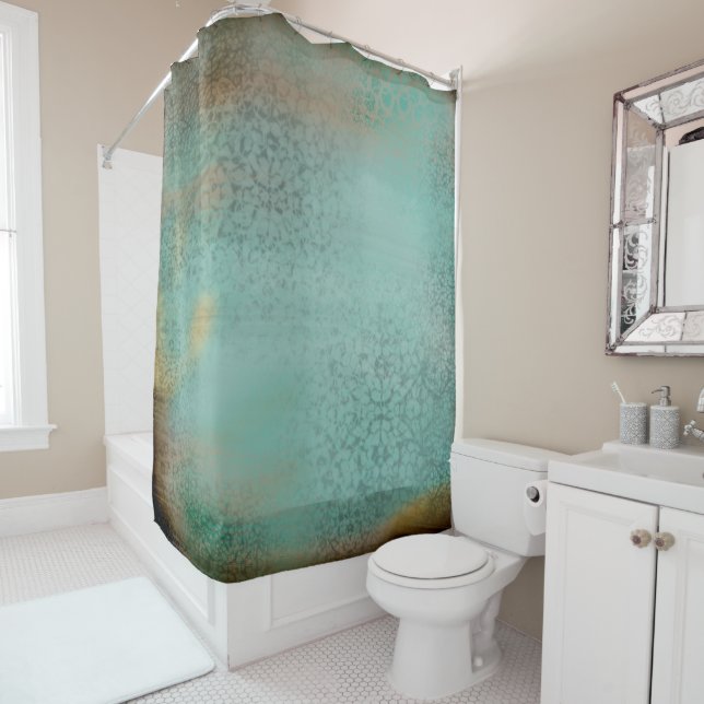 Rustic Antique Farmhouse Style Teal Faux Lace Shower Curtain (In Situ)