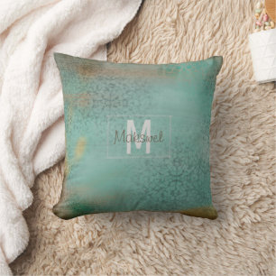 Rustic Antique Farmhouse Teal Monogram   Pillow