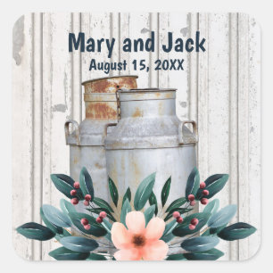 Rustic Antique Floral Milk Cans Vintage  Square Sticker
