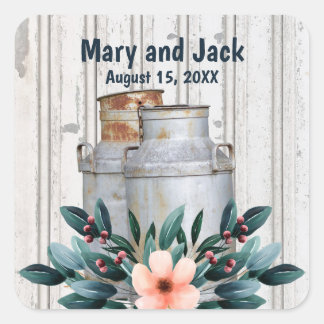 Rustic Antique Floral Milk Cans Vintage  Square Sticker